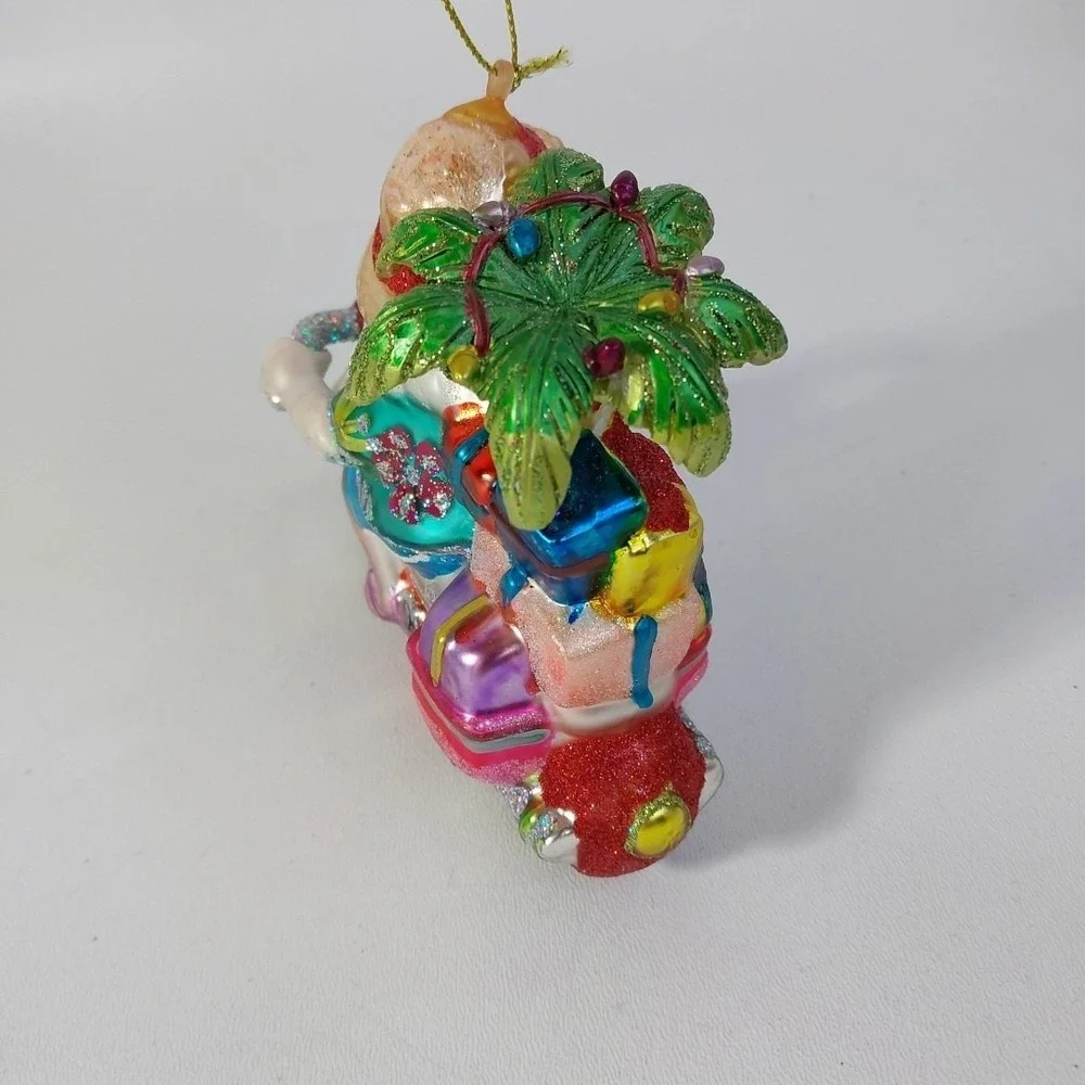 Hawaiian Santa Riding Motorcycle Glass Christmas Ornament w/ Palm‎ Tree